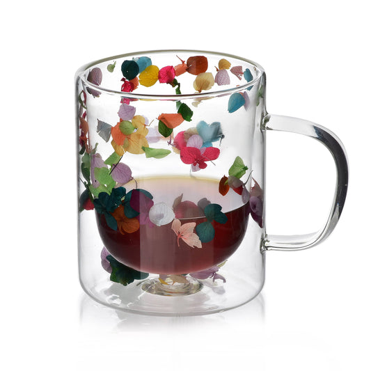 Theeglas dubbelwandig met droogbloemen multicolor