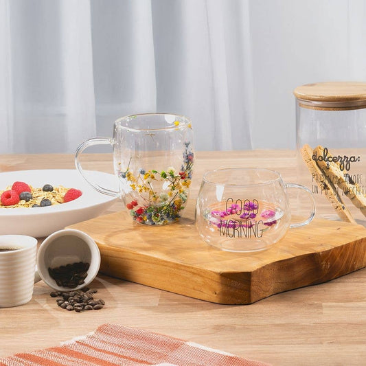 Theeglas, dubbelwandig, met bloemetjes