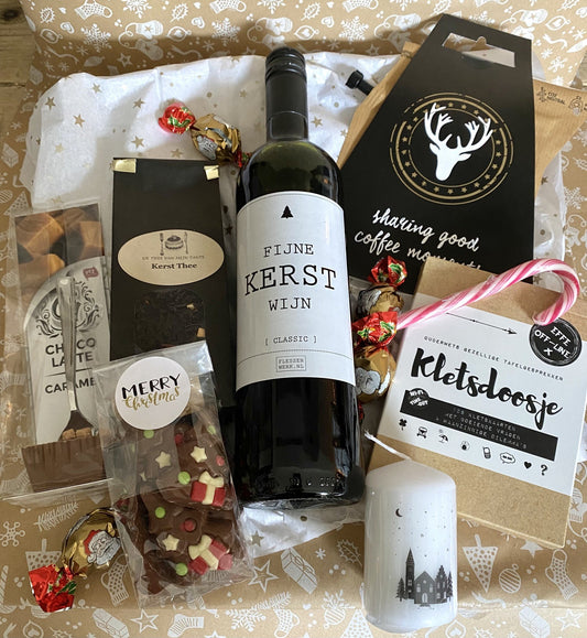 Groot Kerstpakket met o.a. kerstwijn en kletsdoosje
