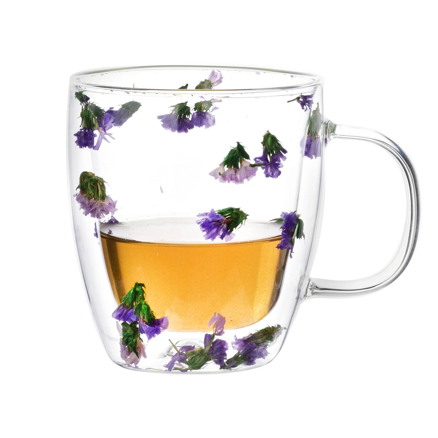 Theeglas dubbelwandig met droogbloemen paars