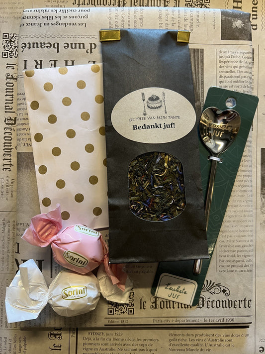 Voor de Juf - Cadeaupakket met thee en hartenlepel