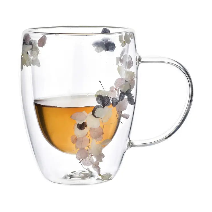 Theeglas dubbelwandig met droogbloemen lila/wit